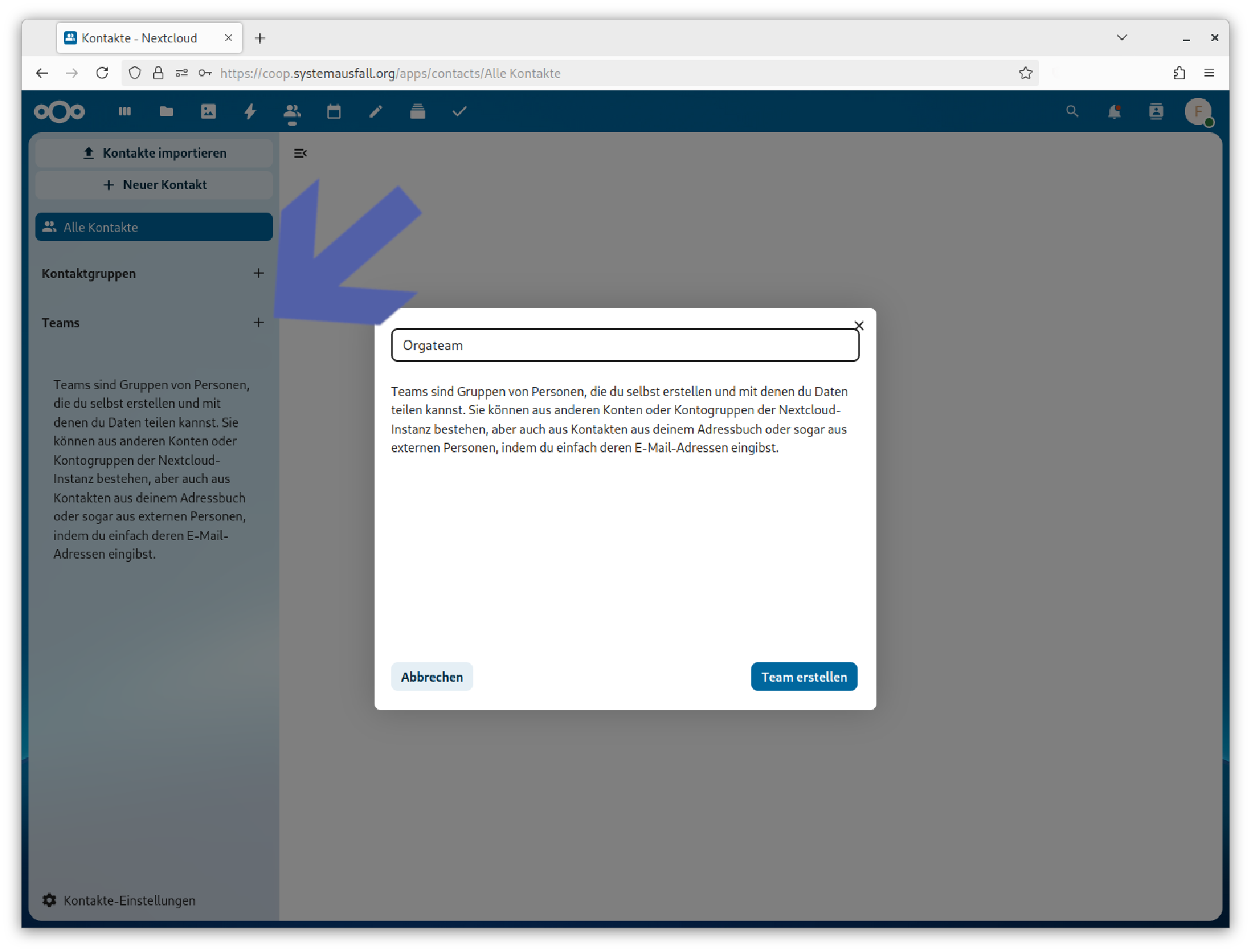 Ein Team in Nextcloud anlegen